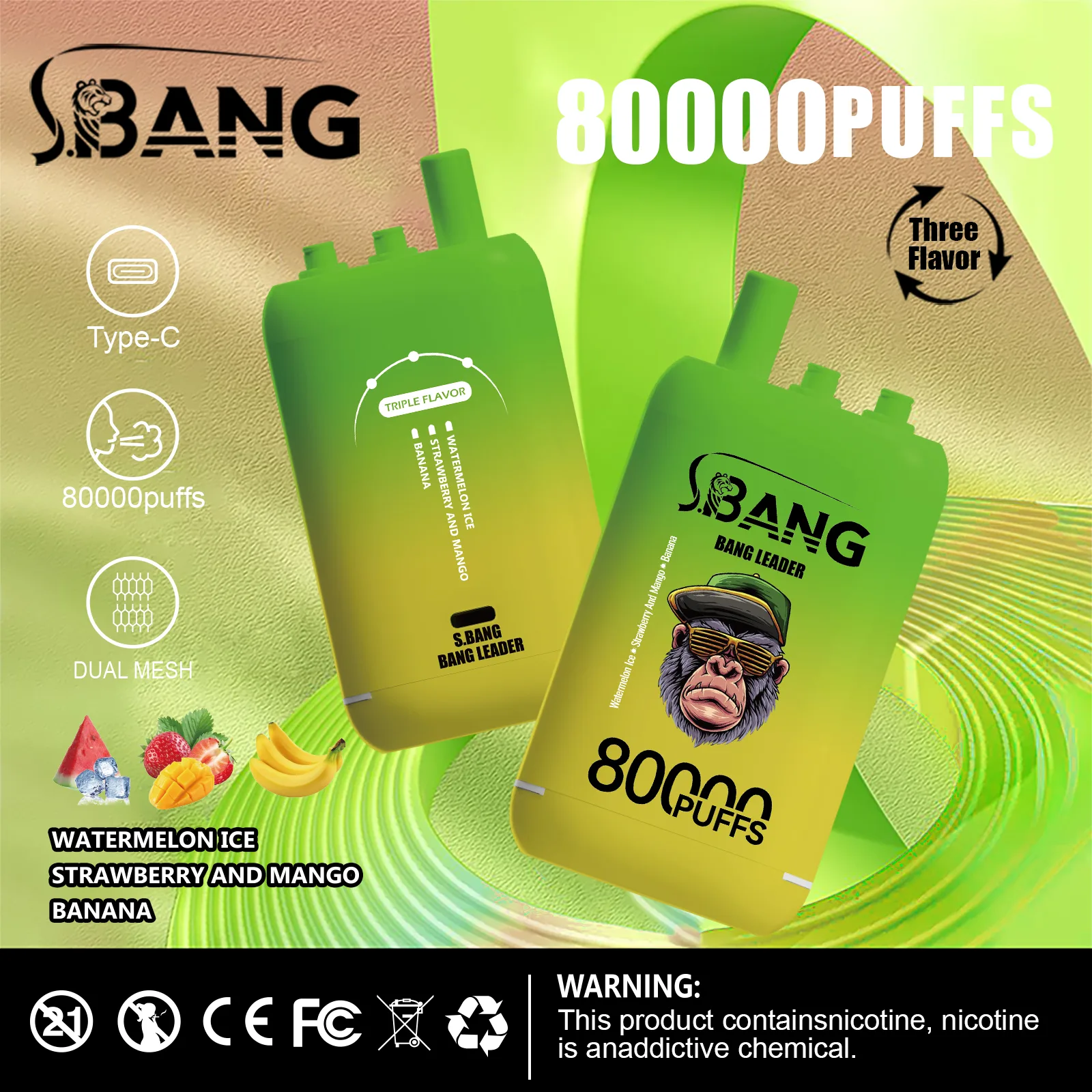 Bang Leader 80000 – Ultra Long-Lasting 80,000 Puffs, Dual Mesh, 3 Flavors, Type-C, 0–5% Nicotine - Image 2